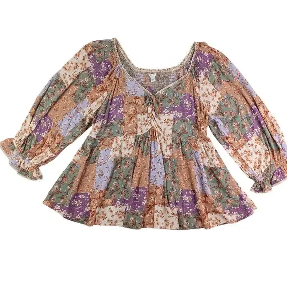 Cato Floral Patchwork Babydoll Boho Top L Milkmaid Smocked Cottagecore Peasant - Picture 2 of 11